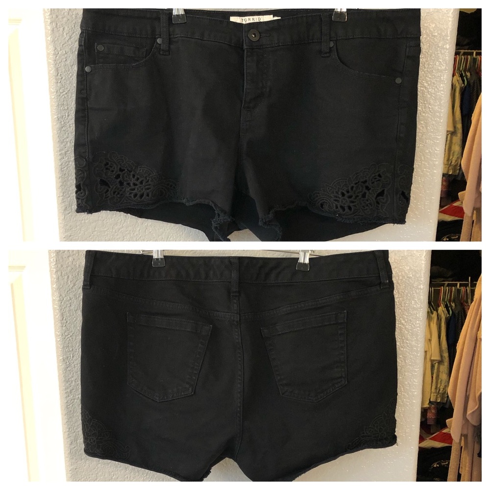 Torrid Size 20 Black Denim Shorts with lace inset
